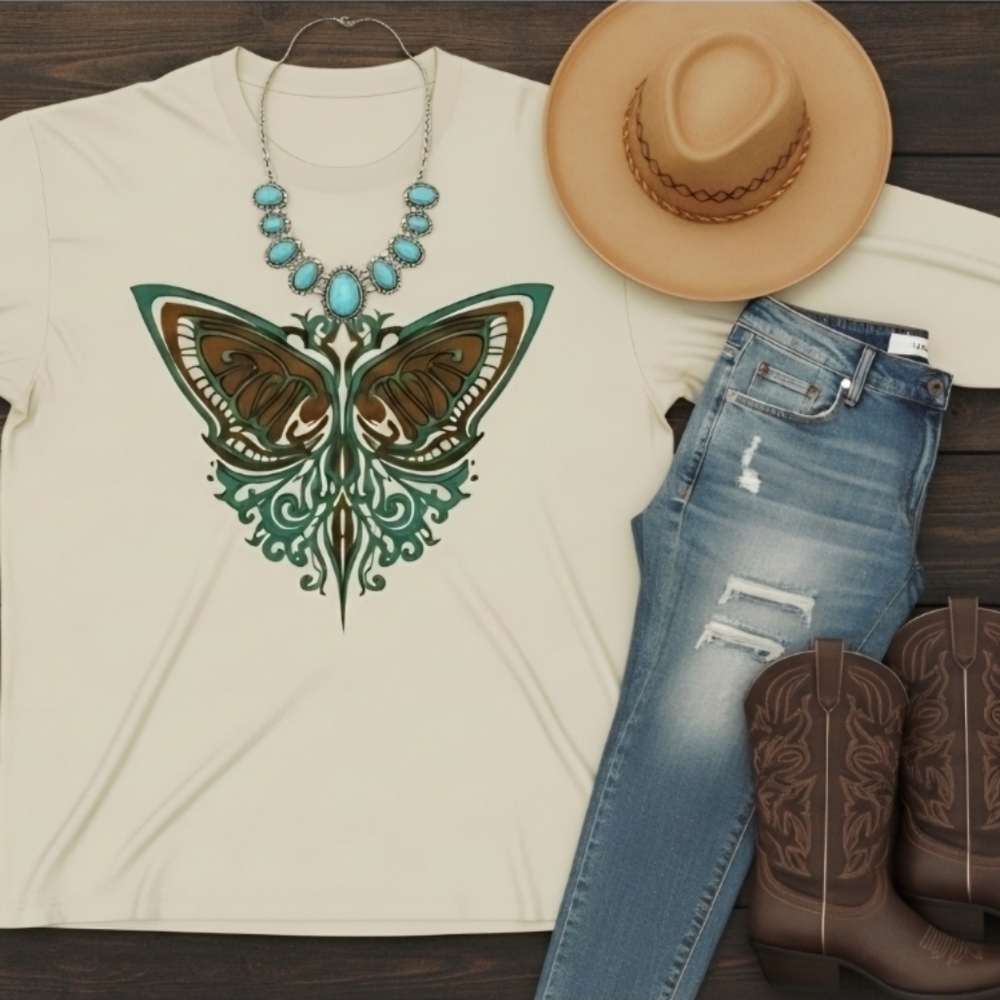 Western Butterfly Long Sleeve Tee • Boho Cowgirl Graphic Top • Southwestern